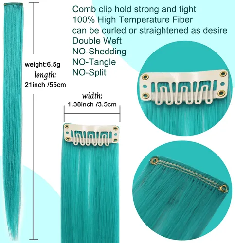 Miniatura 5 de Rhyme 12 piezas de extensiones de cabello de color azul y verde azulado con reflejos de princesa de 21 pulgadas con clip para niñas americanas