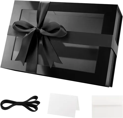 PACKQUEEN Caja de regalo grande negra con ventana, 13.5 x 9 x 4.1 pulgadas, caja de regalo transparente para regalo, contiene cinta, tarjeta, caja