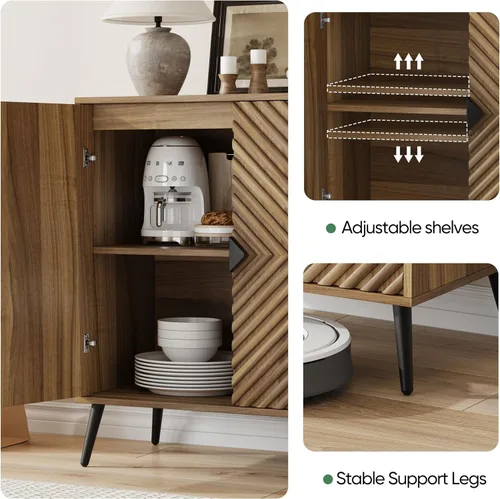 Miniatura 4 de Aparador con estante ajustable, buffet pequeño de nogal independiente con almacenamiento, gabinete de consola de madera con puertas de parquetería