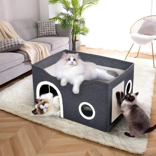 Miniatura 6 de Heeyoo - Casa para gatos de interior, cueva grande con cama para gatos con bola esponjosa y almohadilla para arañar, casas y condominios plegables