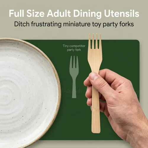 Miniatura 7 de 2ZEBRAZ - Juego de cubiertos de bambú de 100 piezas, 50 tenedores, 25 cuchillos, 25 cucharas, utensilios desechables resistentes para fiestas