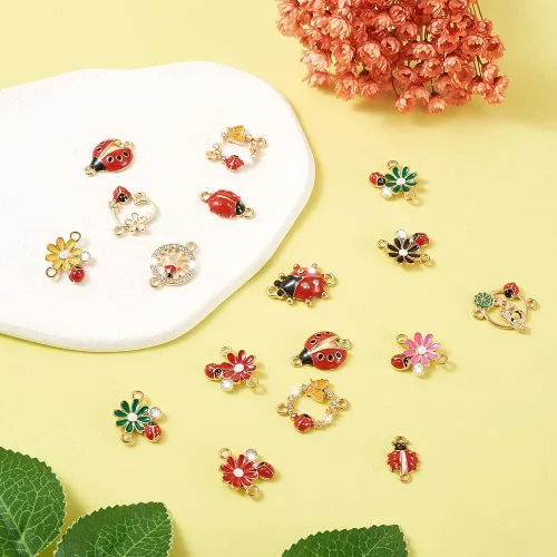 Miniatura 7 de KISSITTY 26 dijes de mariquita para hacer joyas, ganchillo, manualidades, decoración, esmalte de flores, mariquitas, cristales de diamantes