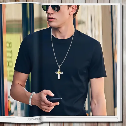 Miniatura 6 de JUNOVUROS Juego de collar de cruz para hombre grande y pequeño con 5 cadenas Rolo y 1 pulsera cubana, regalo de joyería religiosa con cruz