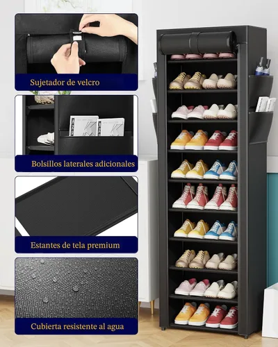 Miniatura 5 de Kitsure Zapatero – Estante organizador de zapatos de gran capacidad de 10 niveles con cubierta antipolvo y bolsillos laterales, zapatero de metal a