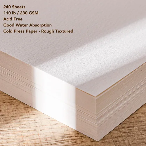 Miniatura 3 de 240 hojas de papel de acuarela a granel, papel de prensa en frío de 110 lb/230 GSM, papel de color de agua blanca para dibujar tarjetas de regalo