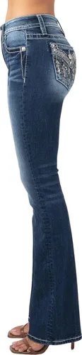 Miniatura 3 de Miss Me Jeans de tiro medio para mujer con bolsillos de solapa de imitación con plumas nativas