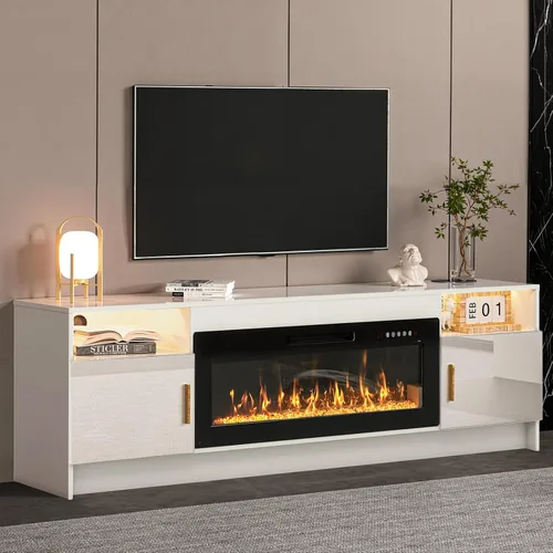 Miniatura 14 de Kucreiheat Soporte de TV negro con chimenea, luces LED, centro de entretenimiento para TV de hasta 80 pulgadas, consola de TV moderna para sala