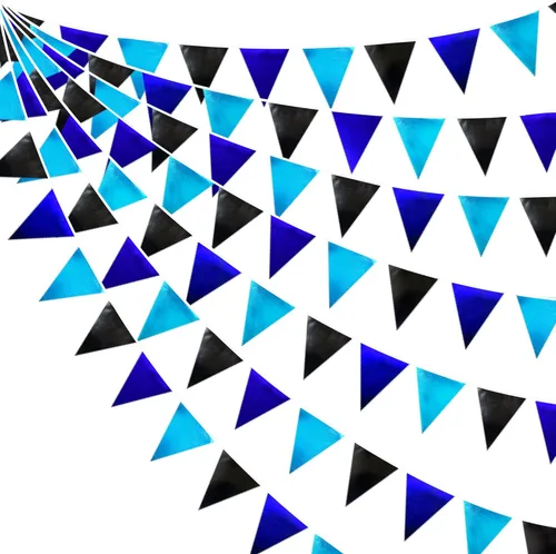 Miniatura 27 de Decoración de fiesta iridiscente de 33 pies, tela holográfica, banderín triangular, banderín de algodón, guirnalda de banderines para cumpleaños