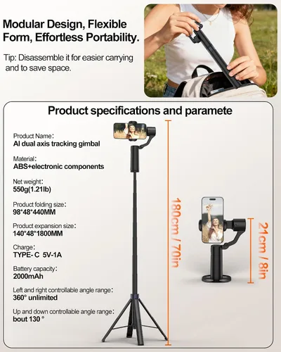 Miniatura 8 de Trípode de seguimiento automático de doble eje de 70 pulgadas, horizontal de 360° y palo selfie giratorio vertical de 130° para iPhone, Android