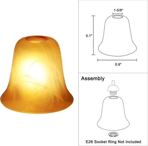 Miniatura 2 de Accesorio de lámpara de pantalla de vidrio ámbar, pantalla de vidrio de repuesto con forma de campana, adaptador de 1.63 pulgadas, 5.4 pulgadas