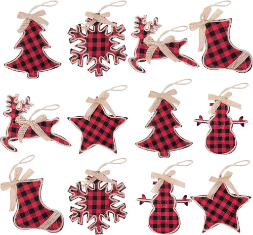 Watayo 12 adornos colgantes de Navidad a cuadros negros y rojos, adornos colgantes de arpillera a cuadros de búfalo negro y rojo, decoración
