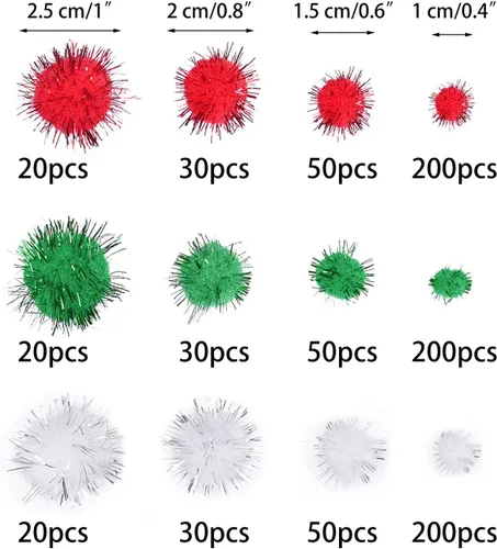Miniatura 2 de Livder Pompones de Navidad de Glitter Rojo, Verde y Blanco, Pompones Esponjosos, Suministros para Manualidades y Decoración DIY