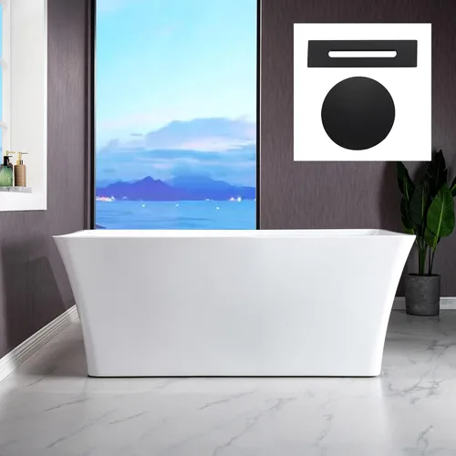 WOODBRIDGE Bañera de remojo acílica blanca independiente de 59 pulgadas con drenaje y desbordamiento negro mate, BTS1509-MB-Drain&O Mate negro