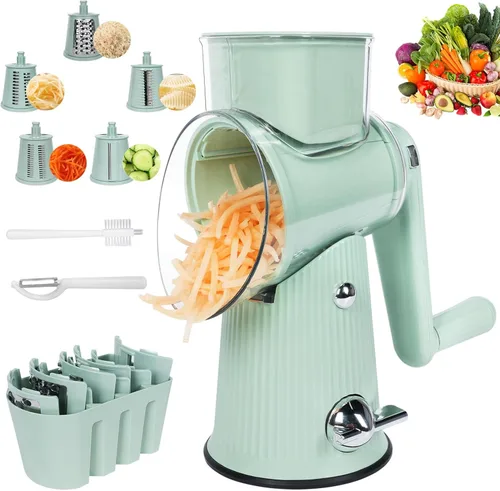 Rallador de queso giratorio 5 en 1, cortador de verduras, picador de mandolina de tambor para cocina, fácil de limpiar con recipiente de