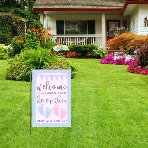 Miniatura 7 de Bandera de jardín de 12 x 18 pulgadas, bandera rosa y azul de doble cara, bandera de revelación de género para niño o niña, huella de bebé, pancarta