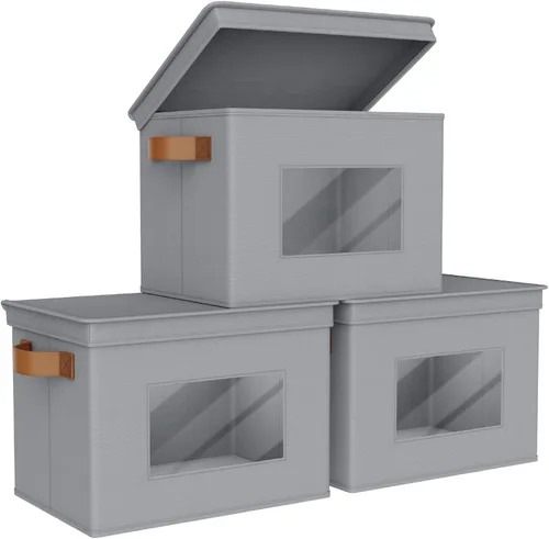 Miniatura 7 de Univivi Cajas de almacenamiento plegables de tela con tapas para ropa, [paquete de 3] cajas organizadoras de armario con asas para el hogar, Beige