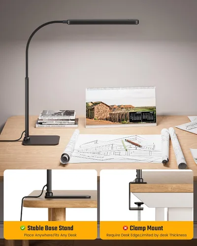 Miniatura 7 de SUPERDANNY - Lámpara de escritorio LED para el cuidado de los ojos con base de cuello de cisne flexible de 360°, lámpara de trabajo con control