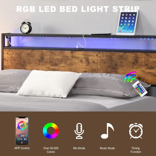 Miniatura 3 de Base de cama de tamaño matrimonial con luces LED y 2 puertos USB, base de cama de plataforma de metal industrial con cabecera de madera