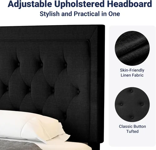Miniatura 6 de Allewie Base de cama tapizada de tamaño matrimonial con cabecera ajustable, botón acolchonado, soporte de listones de madera, fácil montaje