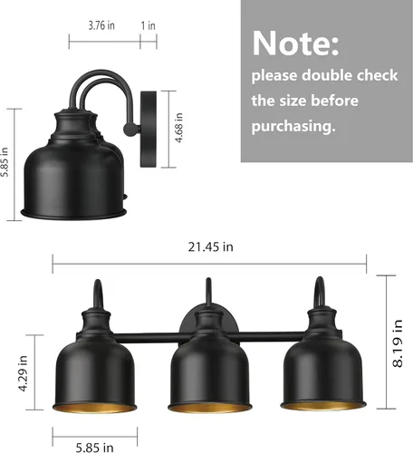 Miniatura 4 de Aplique de 3 luces para tocador de baño, aplique de pared de granja, luces de granero con pantalla de metal negro mate, lámpara de pared exterior