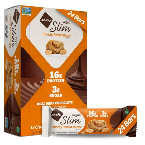 Nugo Mantequilla de maní crujiente de chocolate oscuro, 0.66 onzas de proteína vegana, 0.11 onzas de azúcar, 0.11 onzas de fibra, baja en