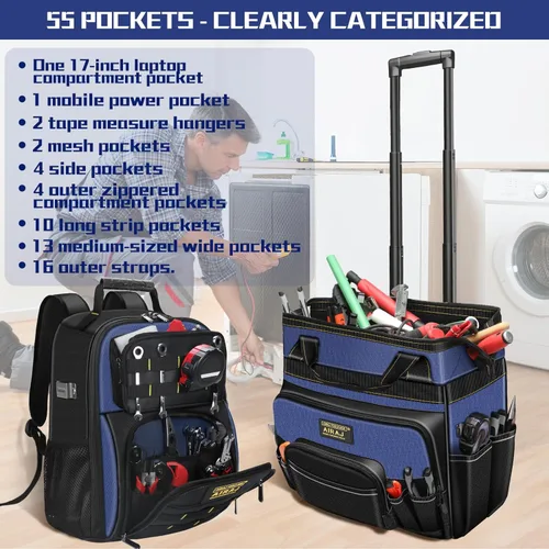 Miniatura 6 de AIRAJ Bolsa de herramientas rodante de 21 pulgadas con ruedas y juego de mochila de herramientas de 18 pulgadas Asa telescópica ajustable Bolsa