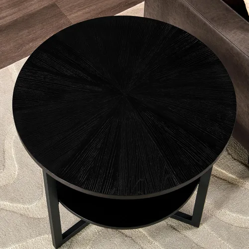 Miniatura 7 de Mesa auxiliar redonda grande con estante de almacenamiento, sofá circular rústico patas de metal negro, mesita de noche de madera maciza, teléfono