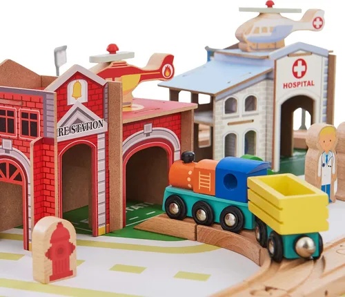 Miniatura 2 de Teamson Kids Juego de mesa de tren con 85 piezas, mesa de actividades de laboratorio de juego preescolar con trenes de madera, coches, ferrocarril
