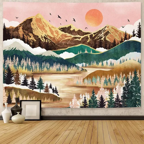 Miniatura 10 de Neasow Tapiz de luna de montaña, bosque natural, árbol, lago, paisaje, estrellas, noche estrellada, decoración de pared azul azulado para el hogar