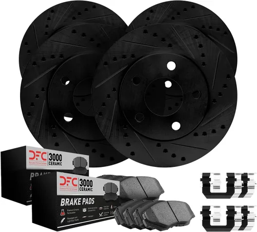 Kit completo – Rotores de freno Dynamic Friction Company 8314-03013 – Taladro/Ranura negra con pastillas de freno de cerámica y herrajes