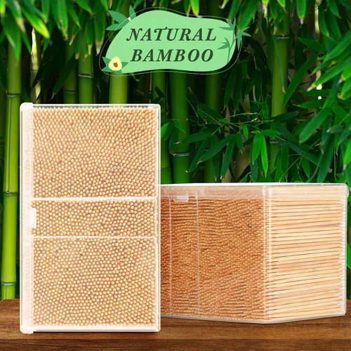 Miniatura 4 de Jerify 3000 palillos de madera de bambú, redondos, de doble cara, con caja de almacenamiento de plástico transparente para aperitivos, alimentos