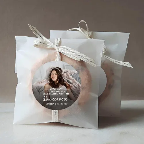 Miniatura 4 de Andaz Press Paquete de 40 etiquetas de quinceañera redondas personalizadas de 2 pulgadas con foto personalizada para recuerdos de membrillo