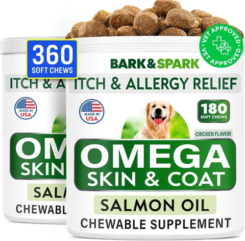 Miniatura 14 de BARK&SPARK Omega 3 para perros - 180 golosinas de aceite de pescado para la muda de pelo de perros, masticables para alergias en la piel, alivio