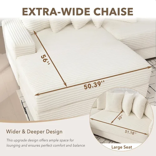 Miniatura 4 de Sofá modular moderno de 111 pulgadas, sofá de pana en forma de L con diván izquierdo, salón extra ancho, 8 almohadas, juego de sofá esquinero
