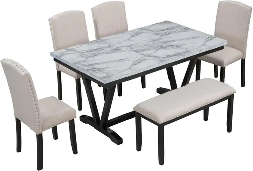 Miniatura 9 de LUMISOL - Juego de mesa de comedor de 6 piezas con banco y sillas para 6 personas, de madera maciza, para cocina, comedor, color blanco cálido