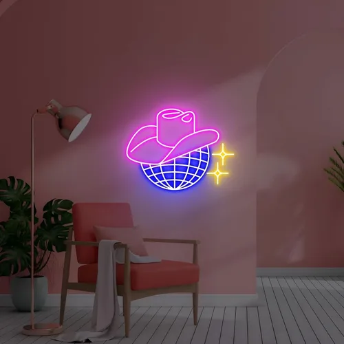 Miniatura 5 de Letrero de neón de bola de discoteca, sombrero de vaquero regulable, luces LED de neón para decoración de pared, letrero iluminado para dormitorio