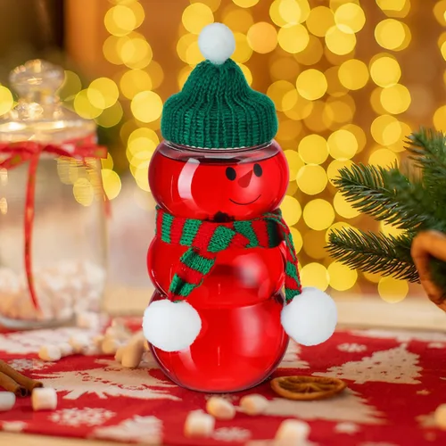 Miniatura 7 de PRETYZOOM 10 juegos de botellas de jugo de muñeco de nieve con tapa, tarro de plástico transparente de Navidad con bufandas de punto, sombreros