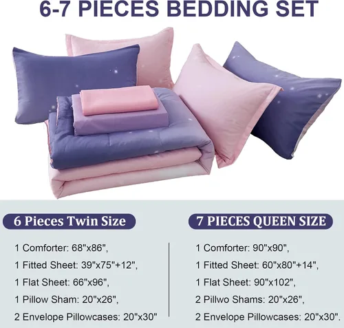 Miniatura 54 de Dinjoy Juego de edredón para niñas, tamaño individual, colorido, azul, rosa, morado, arcoíris, juego de ropa de cama de 6 piezas en una bolsa
