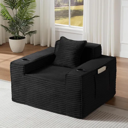 Miniatura 39 de Sofá sin hueso de 66.5 pulgadas con portavasos y bolsillos laterales, sofá biplaza tapizado de tela de pana moderna con 2 almohadas para sala