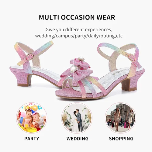 Miniatura 7 de LAURMOSA Sandalias para niñas, zapatos de vestir para fiesta de boda, puntera abierta, tacones altos con purpurina para niños pequeños y grandes