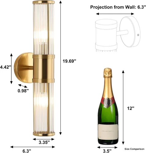 Miniatura 5 de Moderna lámpara de tocador de latón cepillado, aplique de pared con doble varilla de vidrio para baño, base de candelabro E12, iluminación de Latón