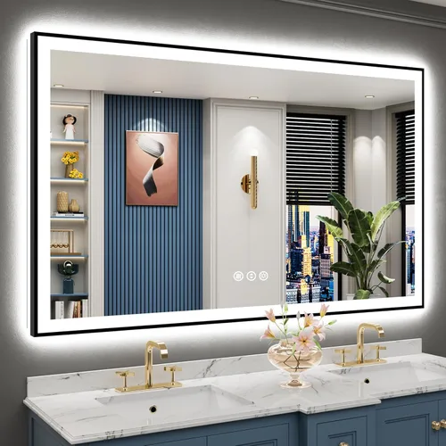 Miniatura 65 de 30x36 Espejo de baño LED con luces, retroiluminado y luz frontal, espejo de tocador iluminado antivaho para pared de baño, 3 colores, regulable