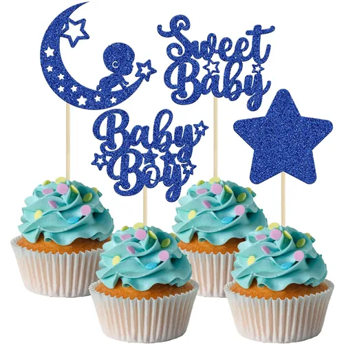 Miniatura 15 de Gyufise 24 piezas de adornos azules para cupcakes para bebé, con purpurina azul, estrellas, luna, dulce baby shower, niño, cupcakes para baby