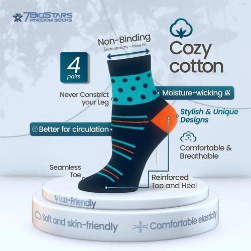 Miniatura 60 de 7BIGSTARS KINGDOM Women's Cotton Quarter Non-Binding Diabetic Fashion Socks-L-M-4 Pack-Multicolor