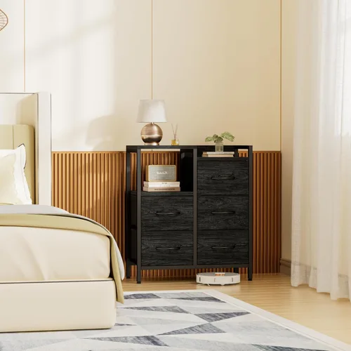 Miniatura 6 de Furnulem Cómodas Negras de 5 Cajones para Dormitorio Estante de 2 Niveles Almacenamiento Cómoda de Tela Pequeña para Closet Marco de Metal Roble