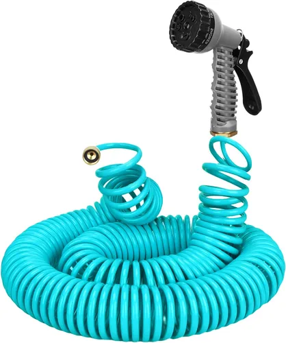 Miniatura 11 de Manguera de jardín enrollada ligera de 25 pies 3/8" EVA flexible con 7 boquillas multifunción y conectores de latón para riego de jardín, plantas