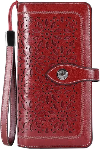 HUANLANG Cartera grande de cuero para mujer con bolsillo para monedas, organizador de cartera RFID para mujer con correa para muñeca, Rojo -, Vintage