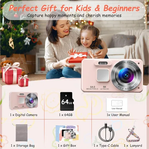 Miniatura 5 de Cámara digital para niños UHD 4K Fotografía: cámaras de apuntar y disparar de 64 MP para vlogging con tarjeta de 64 GB 18X Zoom- Cámara compacta