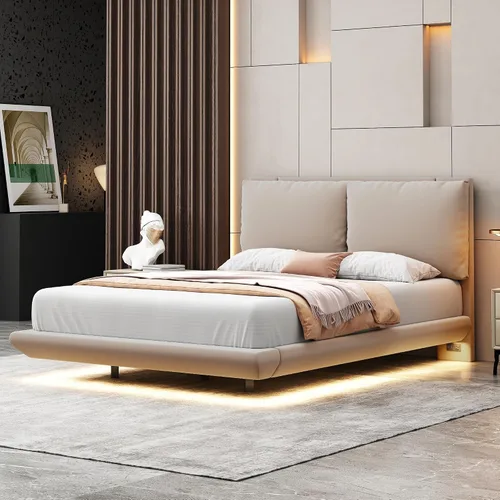 Miniatura 13 de Cama de plataforma flotante, marco de cama de madera tamaño individual con rayas claras, tela de lino suave y cabecera de diseño capitoné