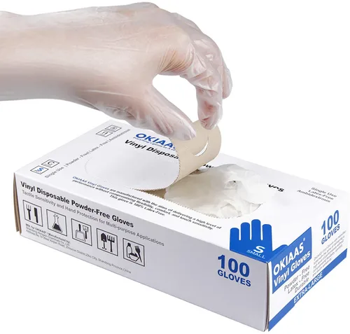 OKIAAS Guantes desechables S, seguros para alimentos, a granel de 100 unidades, guantes de vinilo transparente sin látex y sin polvo para limpieza,